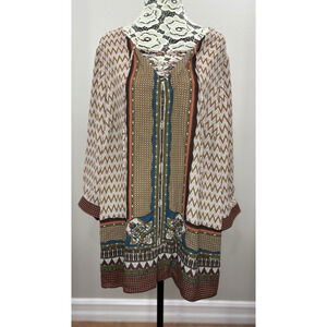 Rose & Olive Popover Blouse Top 1X‎ V Neck Sheer Aztec Brown Teal Bohemian